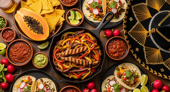 A spread of Mexican food, including tacos, fajitas, nachos, salsa, and papaya, is presented with a decorative hat, symbolizing vibrant culture and festive celebration
