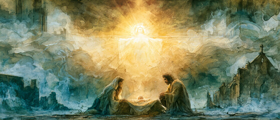 Obraz premium Mary and Joseph are in a stable looking at the newborn Jesus. A bright light shines above them. The scene shows a simple and important moment in a humble setting