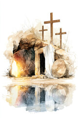 Obraz premium An empty tomb glows with light, and three wooden crosses stand nearby. A large stone rests beside the entrance, representing resurrection and hope
