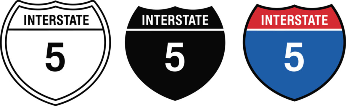 Interstate 5 highway sign icons set, vector illustration, black white blue road symbols