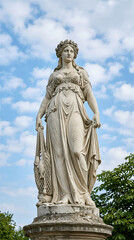 Obraz premium Historic Stone Sculpture of Woman with Fishnet under Blue Sky and Green Trees