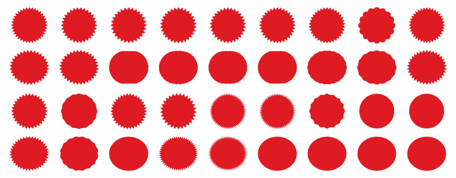 A collection of 40 red starburst and circular shapes with varied isolated on transparent background png