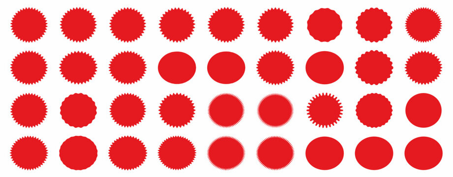 A collection of 40 red starburst and circular shapes with varied isolated on transparent background png