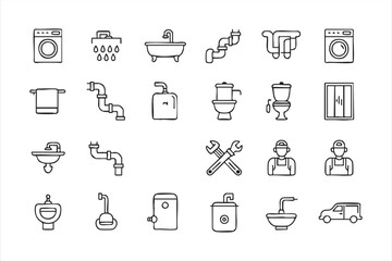 Fototapeta premium Plumbing water repair outline icon set for bathroom service and maintenance design