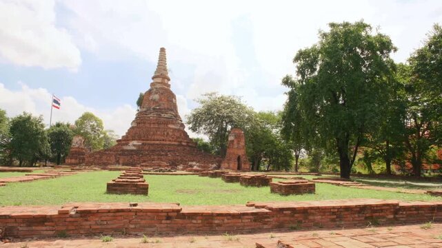 Wide view of the ancient red brick stupa and ruins at Wat Chakkrawat in Ayutthaya, Thailand. The historic monument stands on a green lawn surrounded by low brick walls and trees under a cloudy sky.
