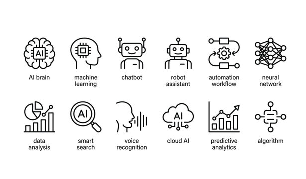 AI tools outline icon set machine learning chatbot and automation vector illustration