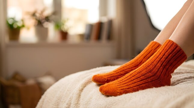 Woman resting on a bed wearing warm orange knitted socks at home in winter