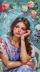 Fototapeta premium Pensive young woman with a thoughtful expression looking up, depicted in a vibrant painted style with blooming floral elements