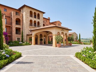 Obraz premium Elegant classic manor style hotel with stone facade for travel brochure design