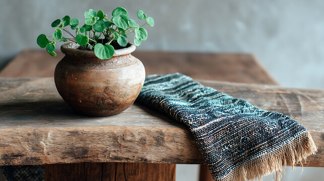rustic tabletop with green pot