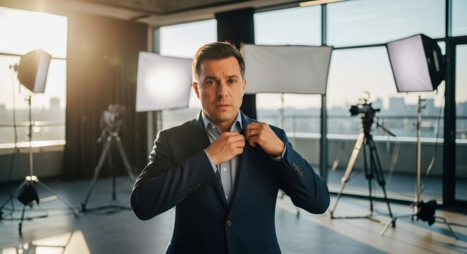 Male journalist in suit adjusting collar in television studio. Professional anchorman preparing for news broadcast. Media and corporate communication concept.