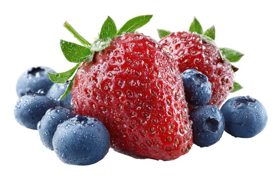 Fresh strawberries and blueberries isolated on transparent background.