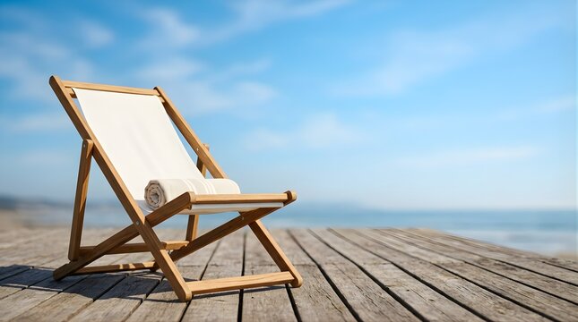 Wooden deck chair with towel on a terrace overlooking the ocean