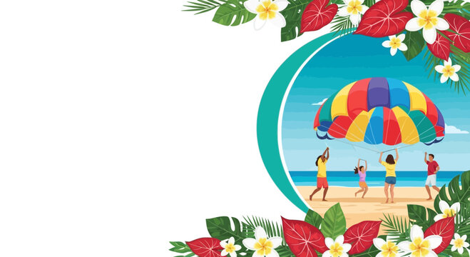 Summer sale banner with people playing under a colorful parachute