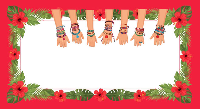 Summer tropical background with boho friendship bracelets and flowers