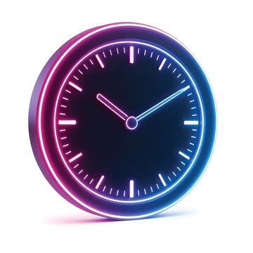 Neon time dial 3D object on white plain background, glowing clock ring with clean futuristic markings and sleek modern look.