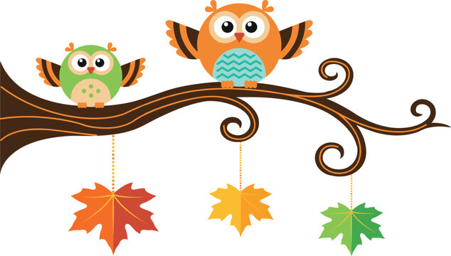  Adorable fall season greeting banner featuring two funny little owl characters perched on curly brown wood tree bough template
