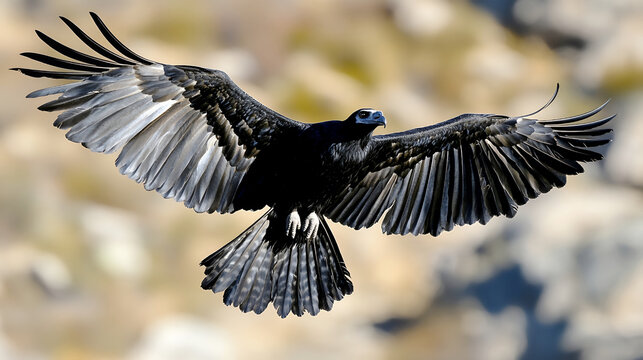 Black vulture flying with wings spread wide over a blurred natural landscape background