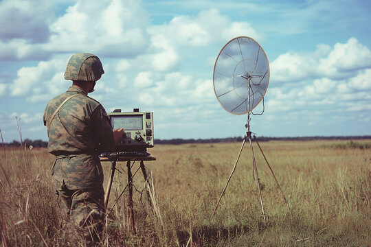 A young adult male soldier in camouflage uniform monitors radar data on a field communication device standing in an open grassy meadow under a cloudy sky