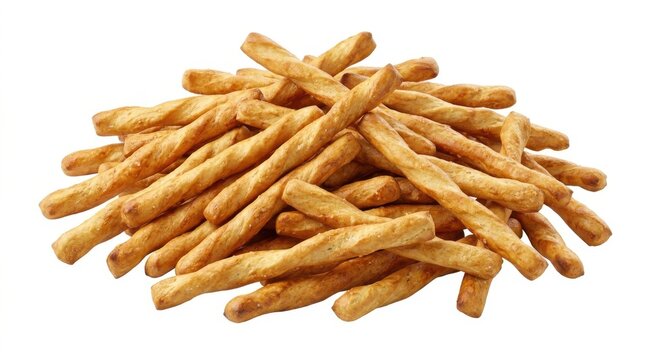A pile of crispy twisted breadsticks isolated on white background