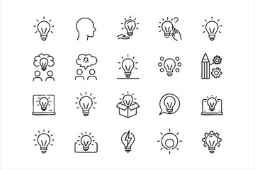 Fototapeta premium Creative Thinking Icon Set With Light Bulb, Question, Team Discussion, Pencil, Gear, and Inspiration Symbols