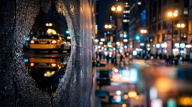 Yellow taxi cab reflected in a rainy street puddle on a city night