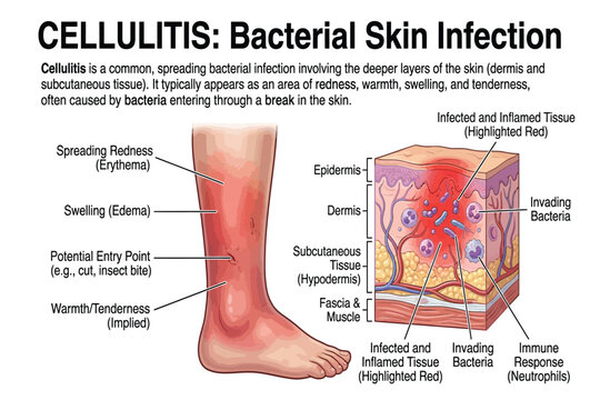 Medical illustration of cellulitis showing bacterial skin infection with redness, swelling, and tissue invasion.
