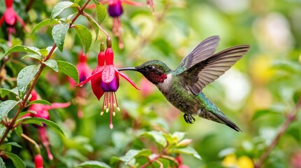 Obraz premium Ruby Throated Hummingbird Feeding on Red Fuchsia Flowers in Garden Setting
