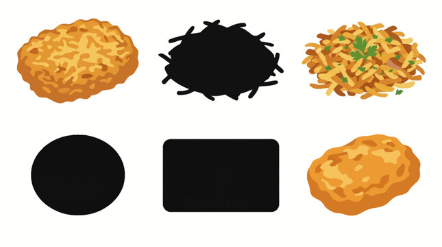 Professional vector collection featuring different hash brown variations, crispy hash brown patty, shredded potato hash brown, golden breakfast hash brown, round hash brown, rectangular hash brown