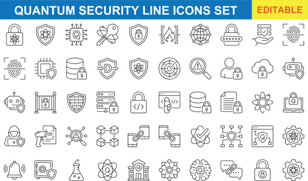 Quantum Security Line Icons Set &ndash; Quantum Cryptography, Cyber Shield Defense, Data Protection, and Advanced Biometrics Vector Outline Icons Pack