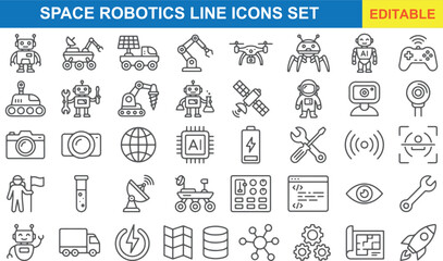 Space Robotics Line Icons Set – Mars Rover, Astronaut, AI Robots, and Satellite Vector Outline Icons Pac © MdShamimAhmed