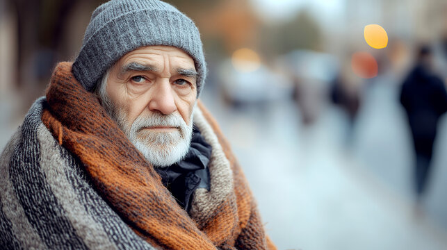Close-up portrait of a senior man with a white beard wearing a knit beanie and blanket outdoors