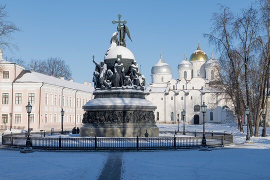 VELIKY NOVGOROD, RUSSIA - FEBRUARY 01, 2026: The monument "Millennium of Russia" and the ancient St. Sophia Cathedral in the Kremlin of Veliky Novgorod on a February day