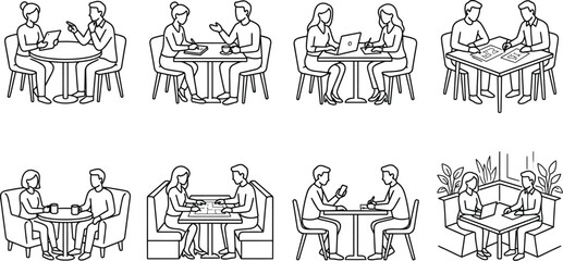 Obraz premium Business people meeting talking working at cafe line art vector icon set