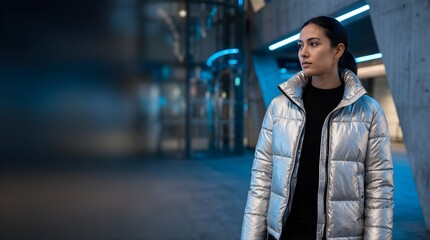 Fototapeta premium Young woman in silver puffer jacket standing at modern building at night