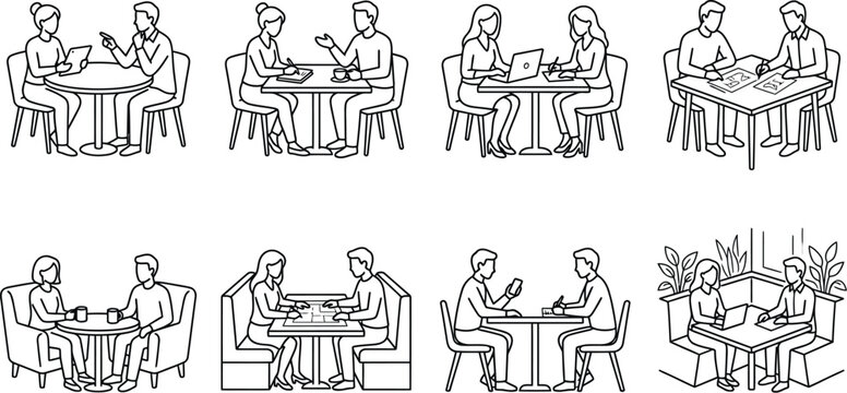 Business people meeting talking working at cafe line art vector icon set