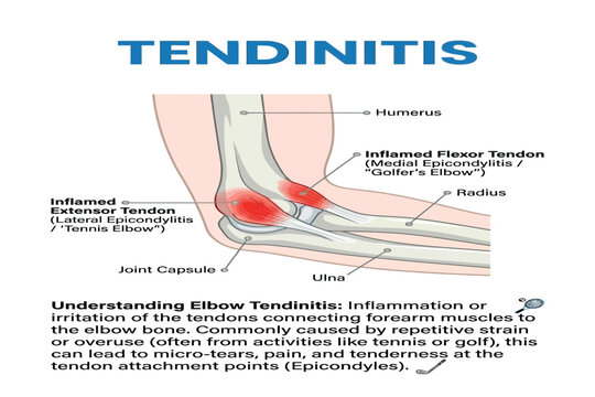Medical illustration of elbow tendinitis showing inflamed tendons and anatomical structures.
