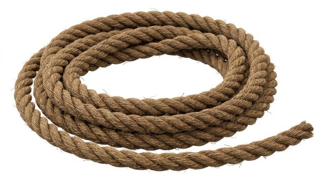 Coiled brown natural fiber rope isolated on white background