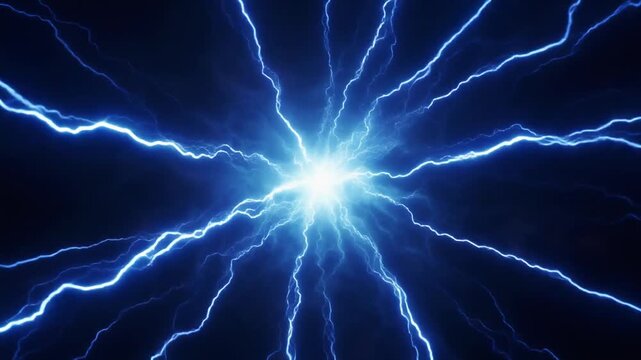 An intense digital illustration of a bright central energy blast sending electric blue lightning bolts and plasma tendrils outward into a dark void.