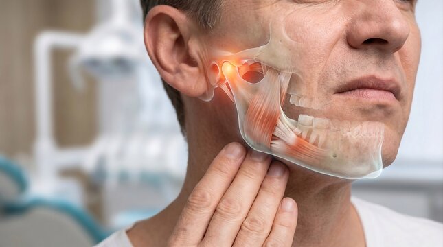 Man suffering from TMJ jaw pain with holographic joint anatomy overlay. Male patient holding painful lower jaw, medical clinic diagnostics for temporomandibular joint disorder