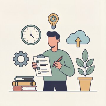 Businessman Analyzing Documents with Growth and Innovation Icons.