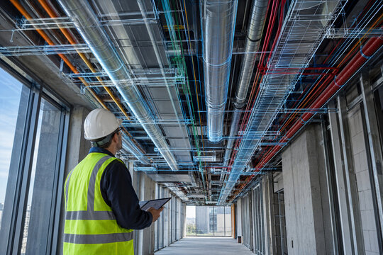 Site Inspector Tablet Building Corridor Colourful Mep Pipes Ducts Overhead Bim Inspection