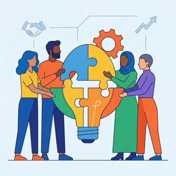 Collaborative Teamwork and Innovation with Puzzle Globe and Lightbulb.