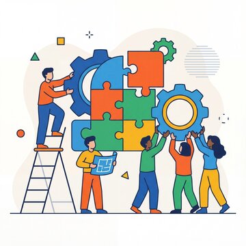 Team Collaboration and Puzzle Pieces Connecting for Problem Solving.