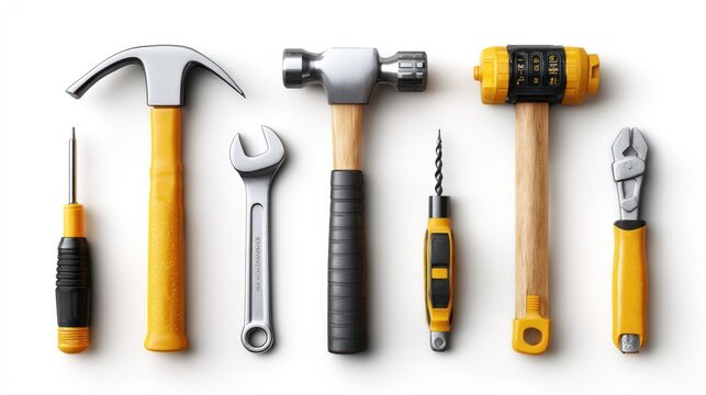 Seven essential hand tools, featuring various hammers, a wrench, screwdriver, and pliers, neatly arranged on white