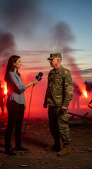 Naklejka premium Woman journalist interviewing a serious military man on a battlefield with red flares and smoke. Reporting on conflict and war journalism.