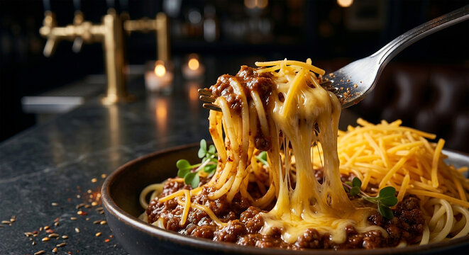 A side-view macro shot focusing on a fork twirling a portion of chili-coated spaghetti, pulling up a long, stringy mass of melted cheddar cheese. 