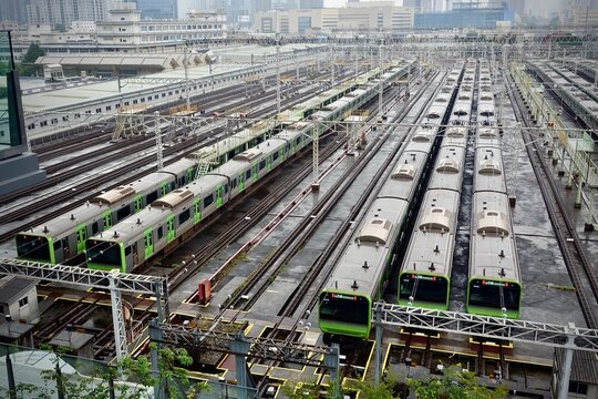 JR Yamanote Line trains parked at a railway depot