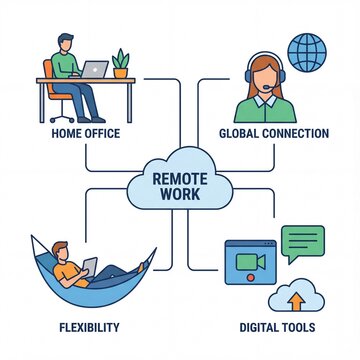 Remote Work Concept Illustration with Home Office and Digital Tools.