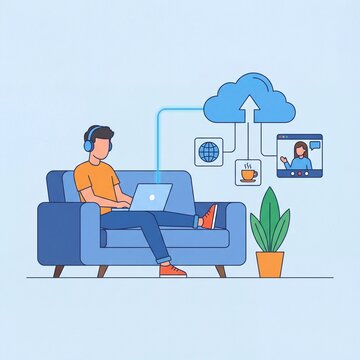 Young Man Using Laptop for Cloud Computing and Online Connectivity.